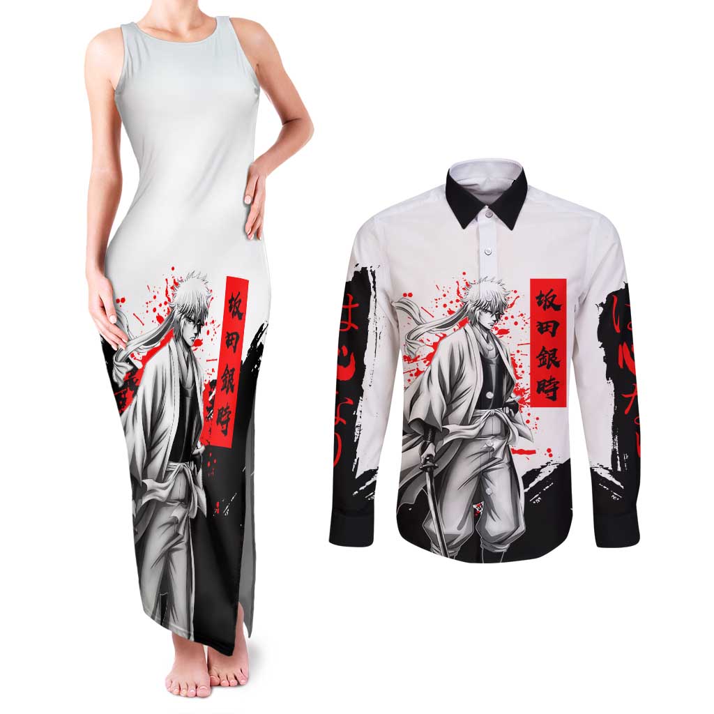 Gintoki Sakata Gintama Samurai Design Couples Matching Tank Maxi Dress and Long Sleeve Button Shirt with Katana, Red Kanji Calligraphy and Oni Mask Graphic - The Mazicc