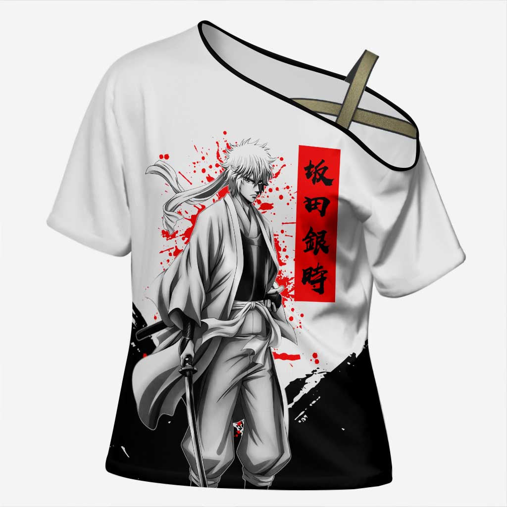 Gintoki Sakata Gintama Samurai Design Cross Shoulder Shirt with Katana, Red Kanji Calligraphy and Oni Mask Graphic - The Mazicc