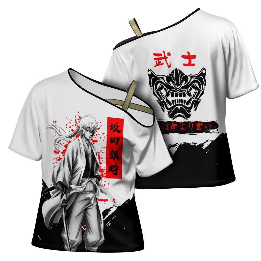 Gintoki Sakata Gintama Samurai Design Cross Shoulder Shirt with Katana, Red Kanji Calligraphy and Oni Mask Graphic - The Mazicc