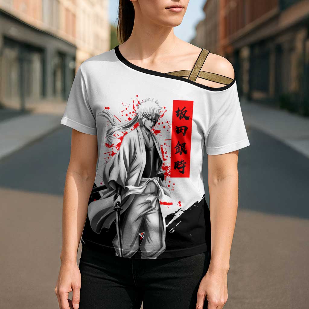 Gintoki Sakata Gintama Samurai Design Cross Shoulder Shirt with Katana, Red Kanji Calligraphy and Oni Mask Graphic - The Mazicc