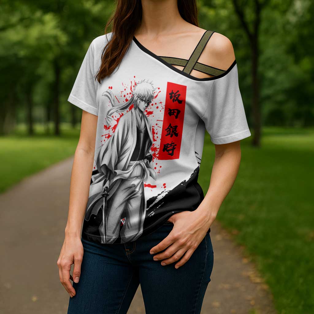Gintoki Sakata Gintama Samurai Design Cross Shoulder Shirt with Katana, Red Kanji Calligraphy and Oni Mask Graphic - The Mazicc