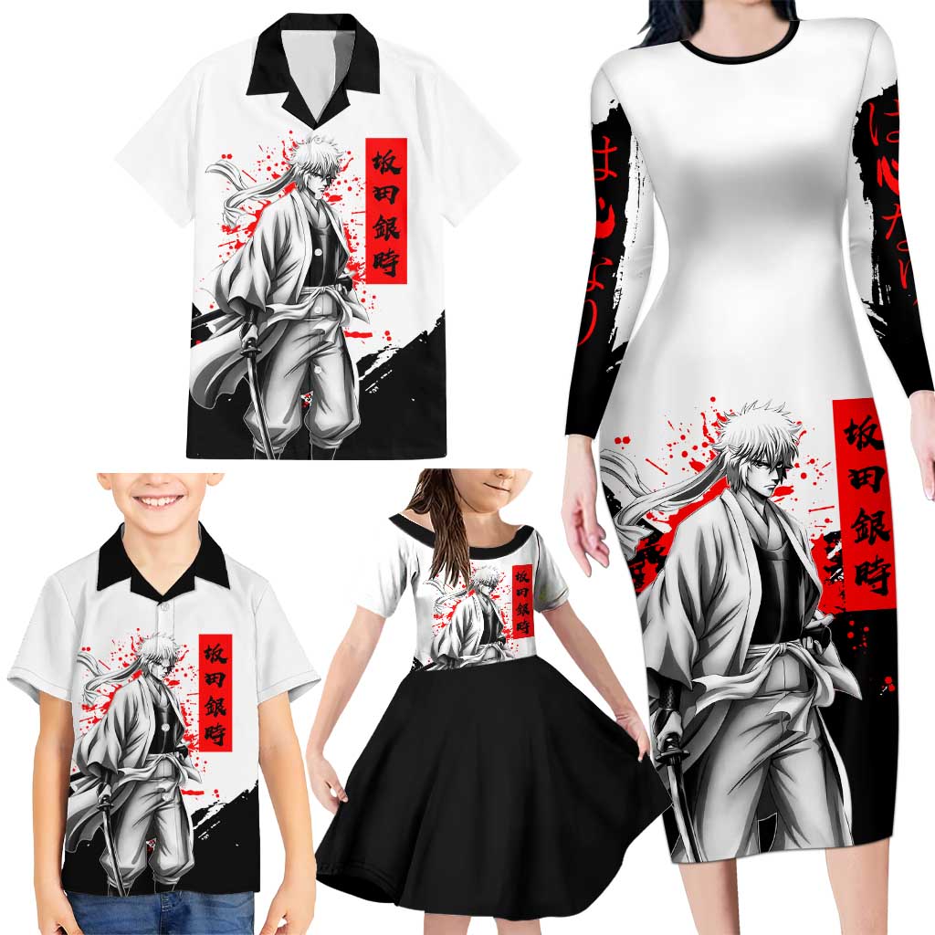 Gintoki Sakata Gintama Samurai Design Family Matching Long Sleeve Bodycon Dress and Hawaiian Shirt with Katana, Red Kanji Calligraphy and Oni Mask Graphic