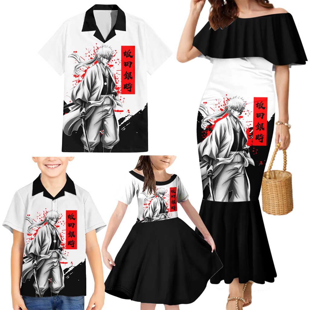 Gintoki Sakata Gintama Samurai Design Family Matching Mermaid Dress and Hawaiian Shirt with Katana, Red Kanji Calligraphy and Oni Mask Graphic