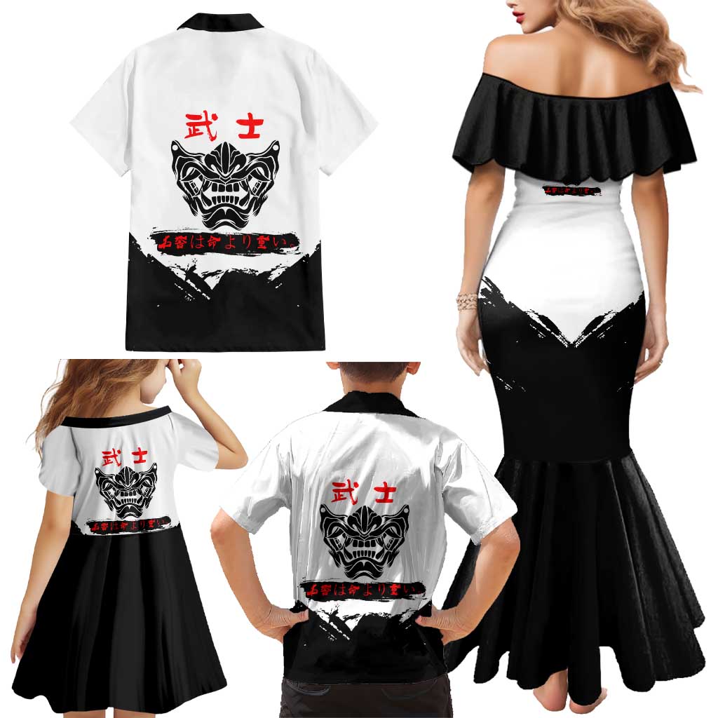 Gintoki Sakata Gintama Samurai Design Family Matching Mermaid Dress and Hawaiian Shirt with Katana, Red Kanji Calligraphy and Oni Mask Graphic