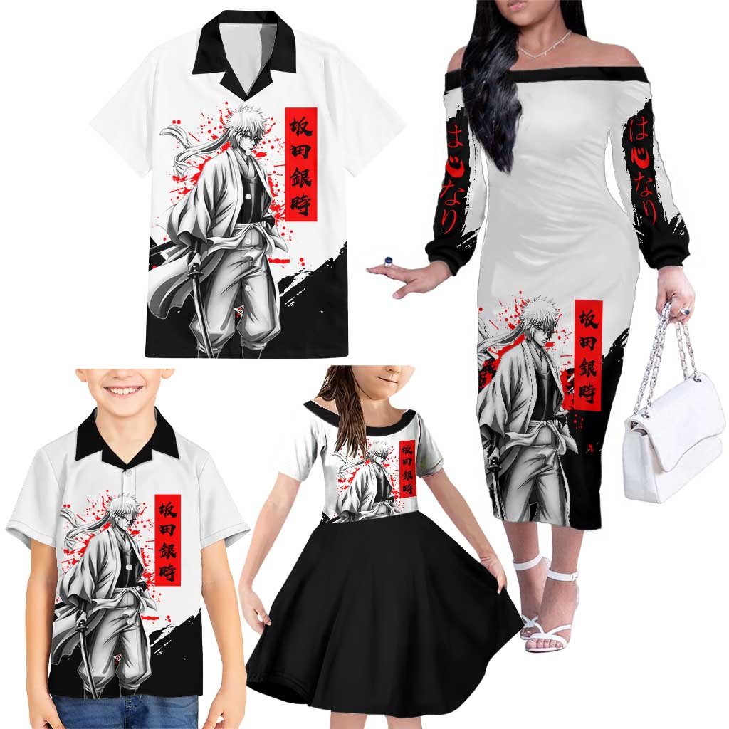 Gintoki Sakata Gintama Samurai Design Family Matching Off The Shoulder Long Sleeve Dress and Hawaiian Shirt with Katana, Red Kanji Calligraphy and Oni Mask Graphic