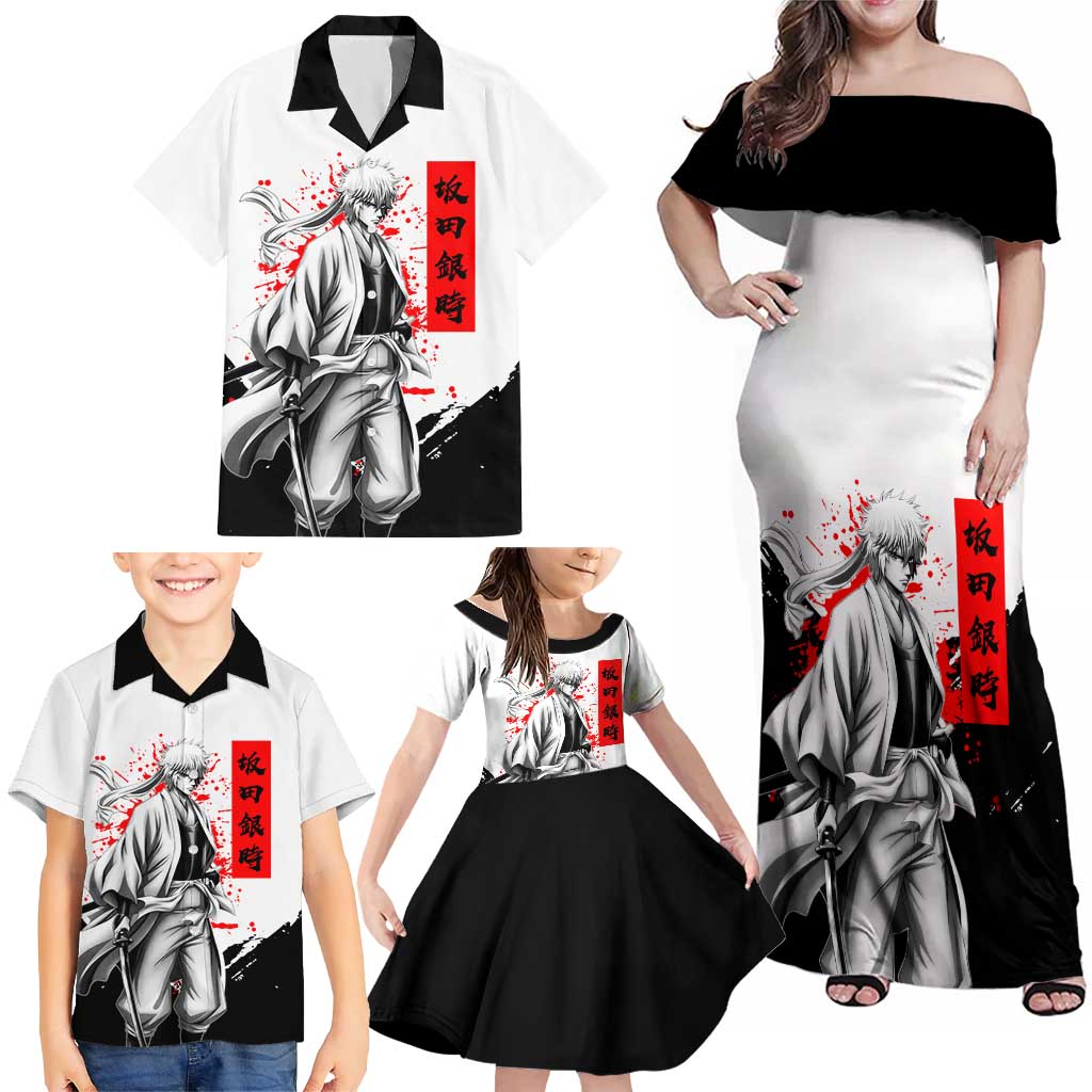 Gintoki Sakata Gintama Samurai Design Family Matching Off Shoulder Maxi Dress and Hawaiian Shirt with Katana, Red Kanji Calligraphy and Oni Mask Graphic