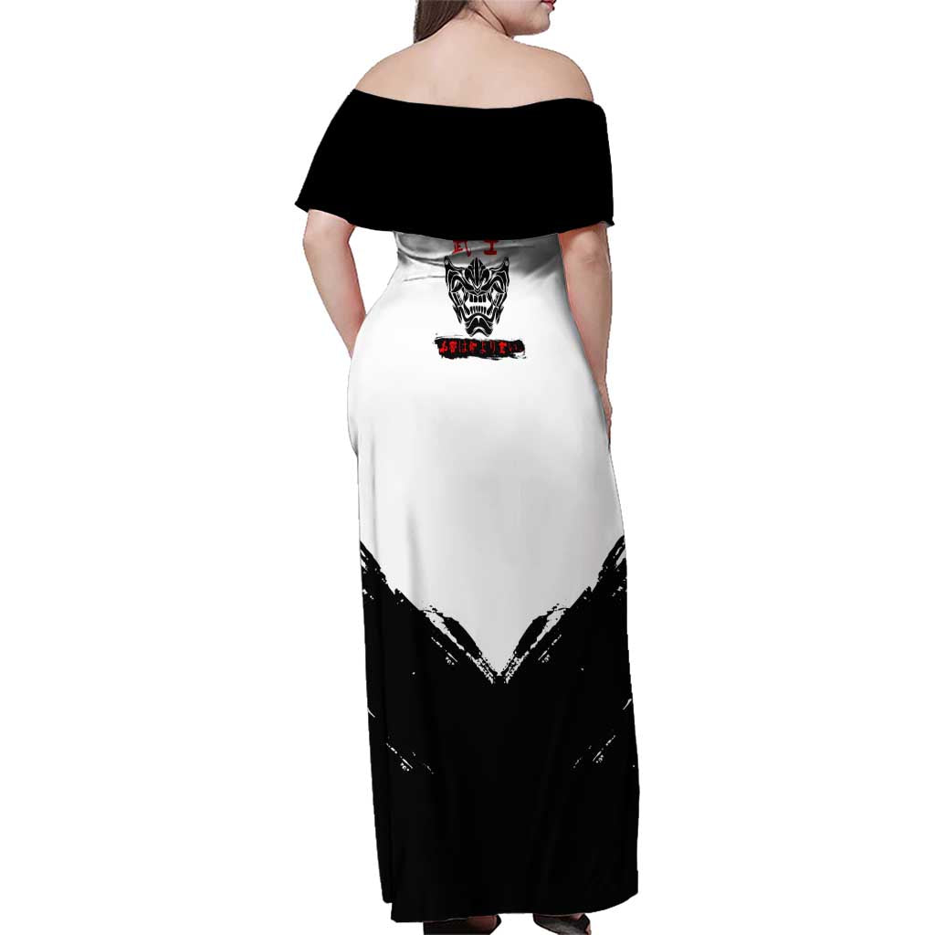 Gintoki Sakata Gintama Samurai Design Family Matching Off Shoulder Maxi Dress and Hawaiian Shirt with Katana, Red Kanji Calligraphy and Oni Mask Graphic