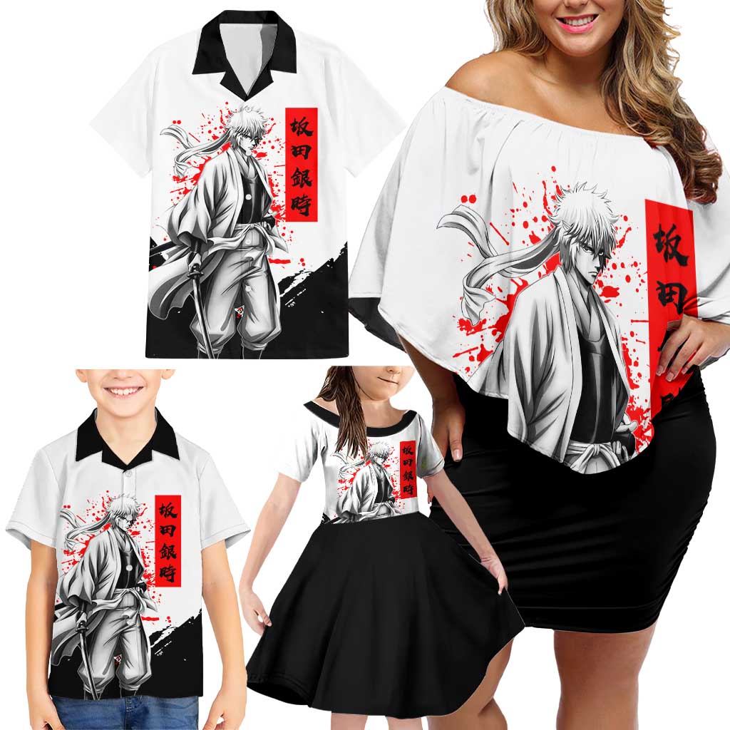 Gintoki Sakata Gintama Samurai Design Family Matching Off Shoulder Short Dress and Hawaiian Shirt with Katana, Red Kanji Calligraphy and Oni Mask Graphic