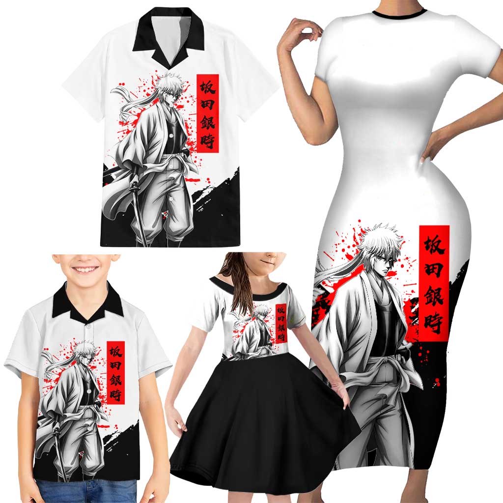 Gintoki Sakata Gintama Samurai Design Family Matching Short Sleeve Bodycon Dress and Hawaiian Shirt with Katana, Red Kanji Calligraphy and Oni Mask Graphic