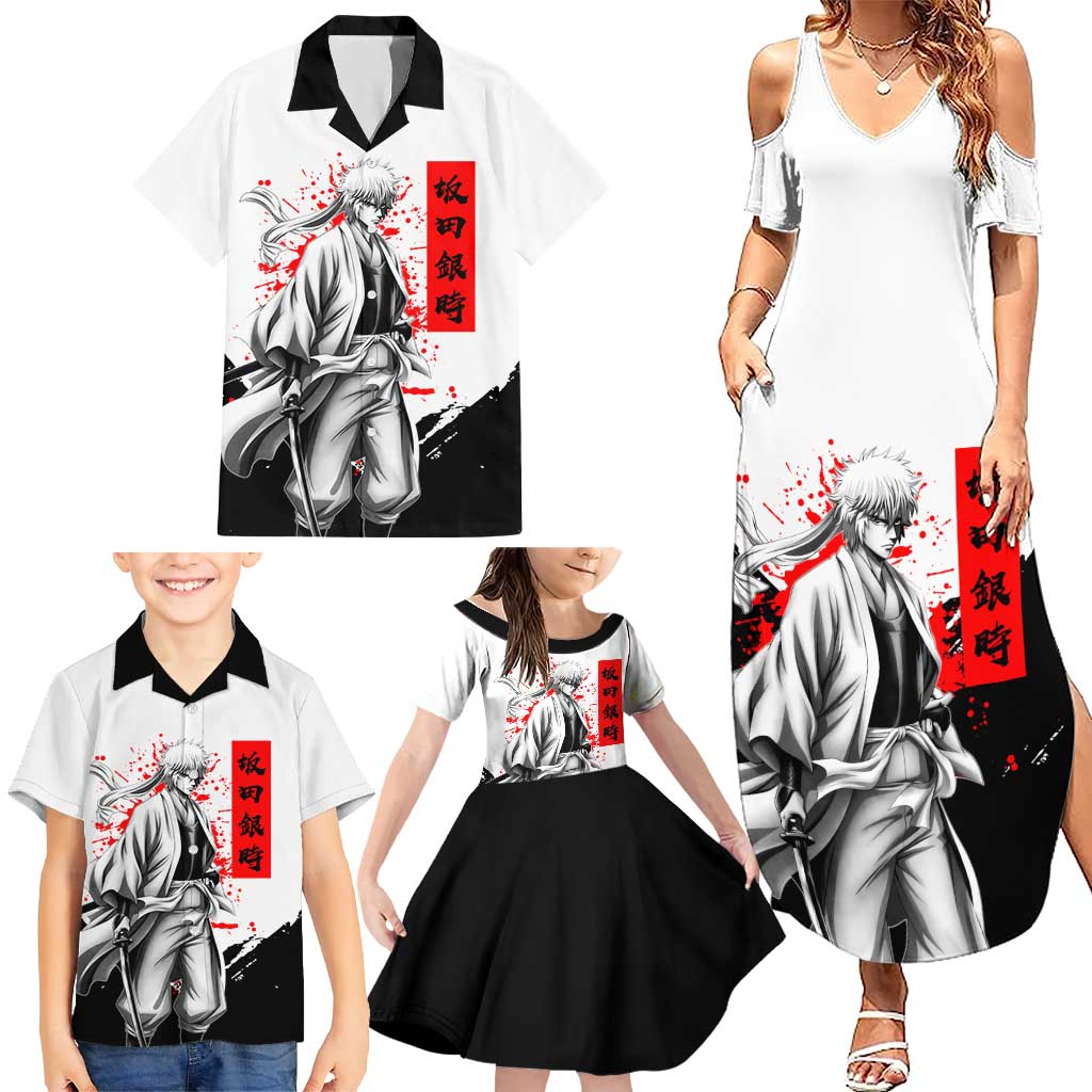Gintoki Sakata Gintama Samurai Design Family Matching Summer Maxi Dress and Hawaiian Shirt with Katana, Red Kanji Calligraphy and Oni Mask Graphic