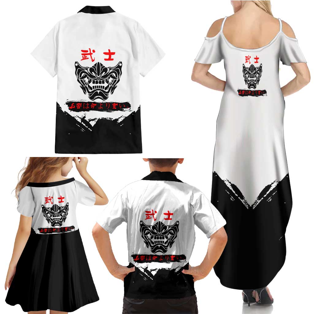Gintoki Sakata Gintama Samurai Design Family Matching Summer Maxi Dress and Hawaiian Shirt with Katana, Red Kanji Calligraphy and Oni Mask Graphic
