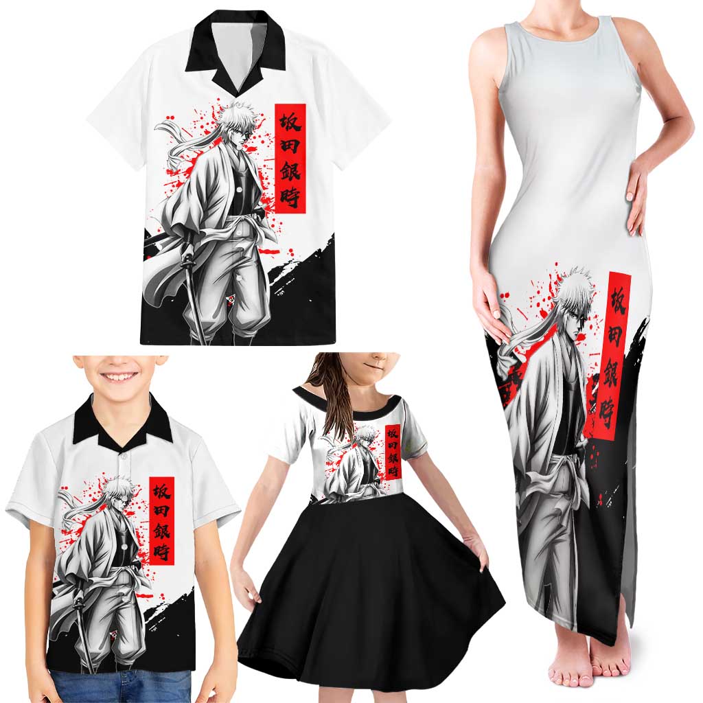 Gintoki Sakata Gintama Samurai Design Family Matching Tank Maxi Dress and Hawaiian Shirt with Katana, Red Kanji Calligraphy and Oni Mask Graphic