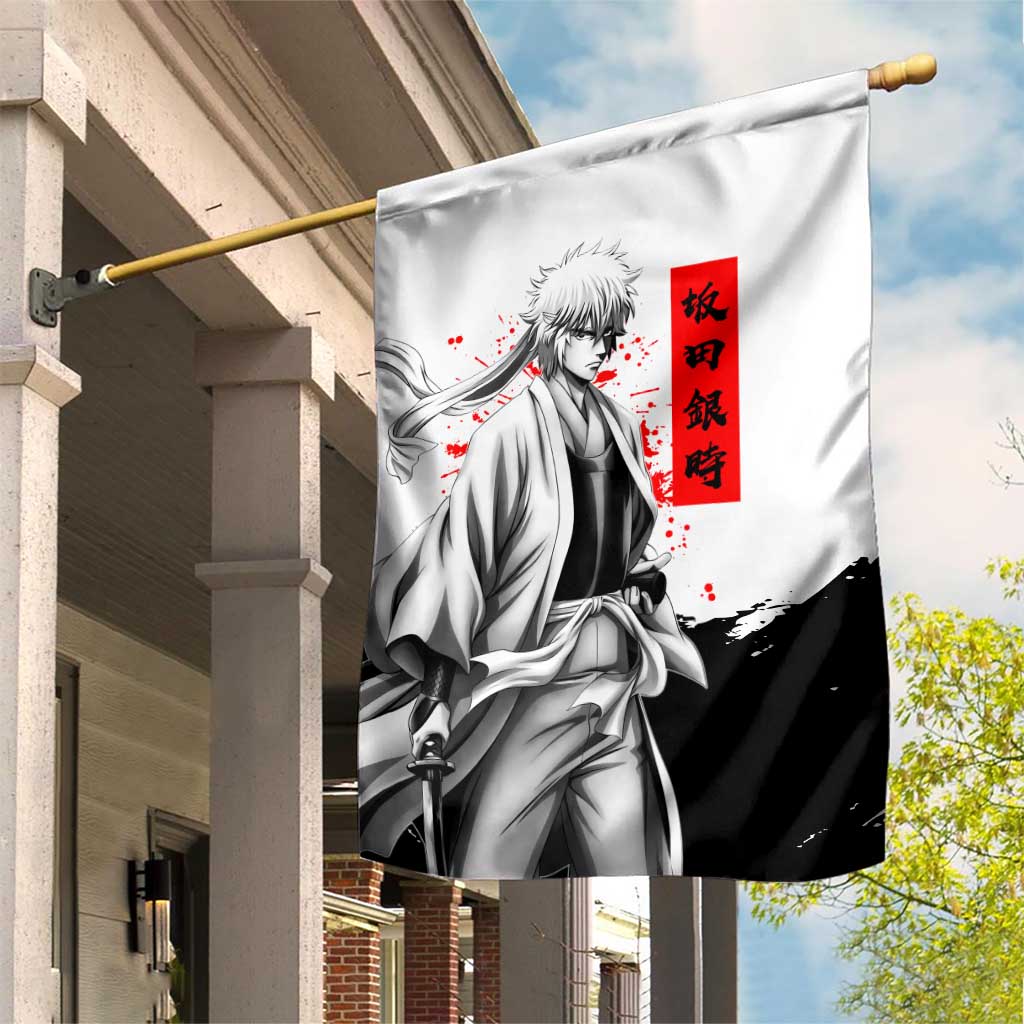 Gintoki Sakata Gintama Samurai Design Garden Flag with Katana, Red Kanji Calligraphy and Oni Mask Graphic - The Mazicc
