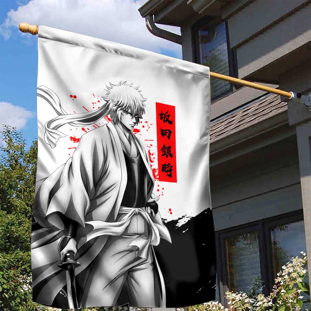 Gintoki Sakata Gintama Samurai Design Garden Flag with Katana, Red Kanji Calligraphy and Oni Mask Graphic - The Mazicc