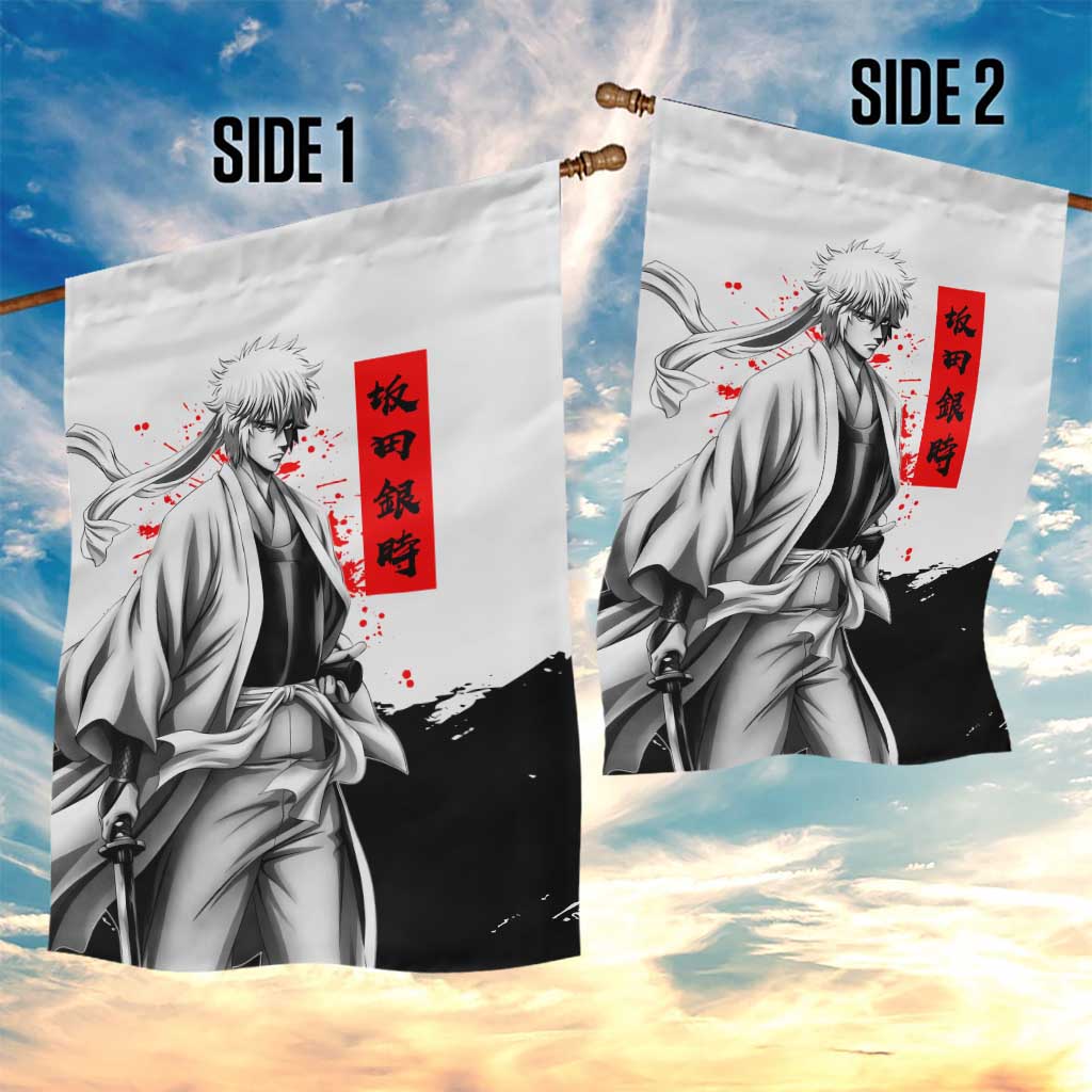 Gintoki Sakata Gintama Samurai Design Garden Flag with Katana, Red Kanji Calligraphy and Oni Mask Graphic - The Mazicc