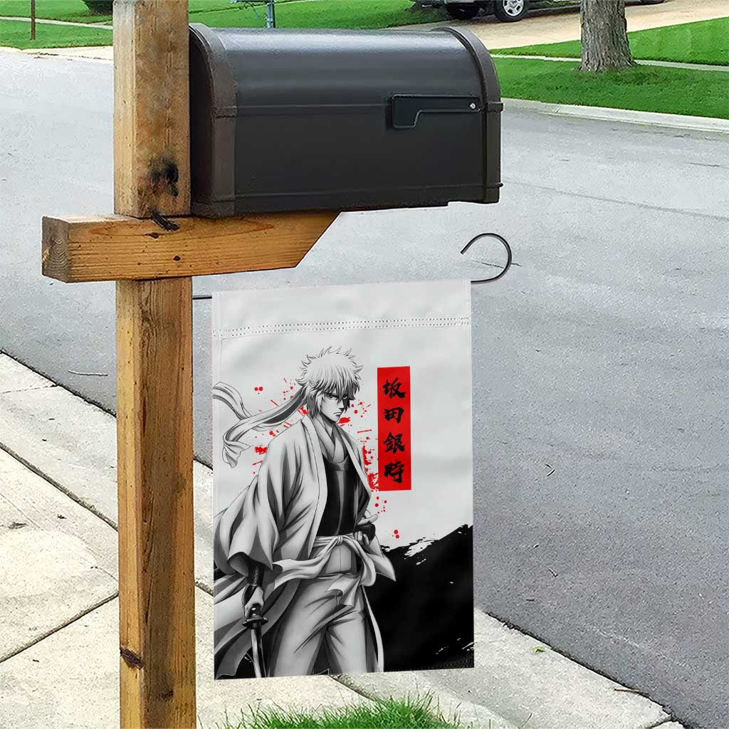Gintoki Sakata Gintama Samurai Design Garden Flag with Katana, Red Kanji Calligraphy and Oni Mask Graphic - The Mazicc