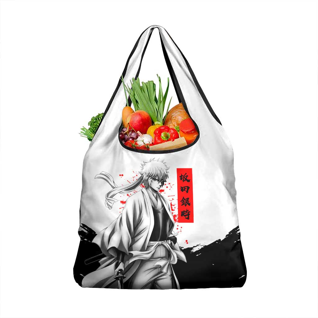 Gintoki Sakata Gintama Samurai Design Grocery Bag with Katana, Red Kanji Calligraphy and Oni Mask Graphic - The Mazicc