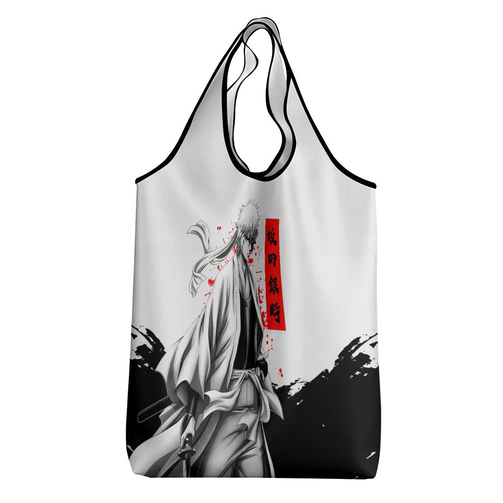 Gintoki Sakata Gintama Samurai Design Grocery Bag with Katana, Red Kanji Calligraphy and Oni Mask Graphic - The Mazicc