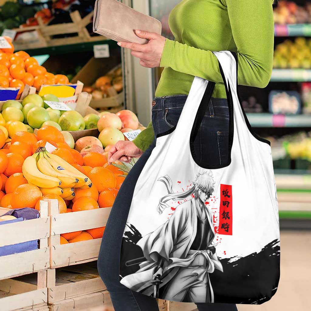 Gintoki Sakata Gintama Samurai Design Grocery Bag with Katana, Red Kanji Calligraphy and Oni Mask Graphic - The Mazicc