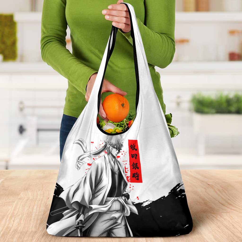Gintoki Sakata Gintama Samurai Design Grocery Bag with Katana, Red Kanji Calligraphy and Oni Mask Graphic - The Mazicc