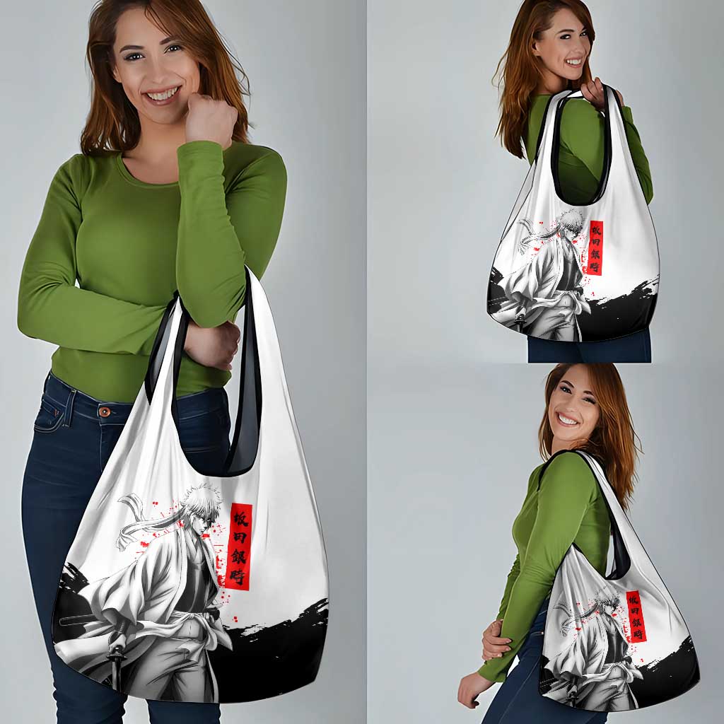 Gintoki Sakata Gintama Samurai Design Grocery Bag with Katana, Red Kanji Calligraphy and Oni Mask Graphic - The Mazicc