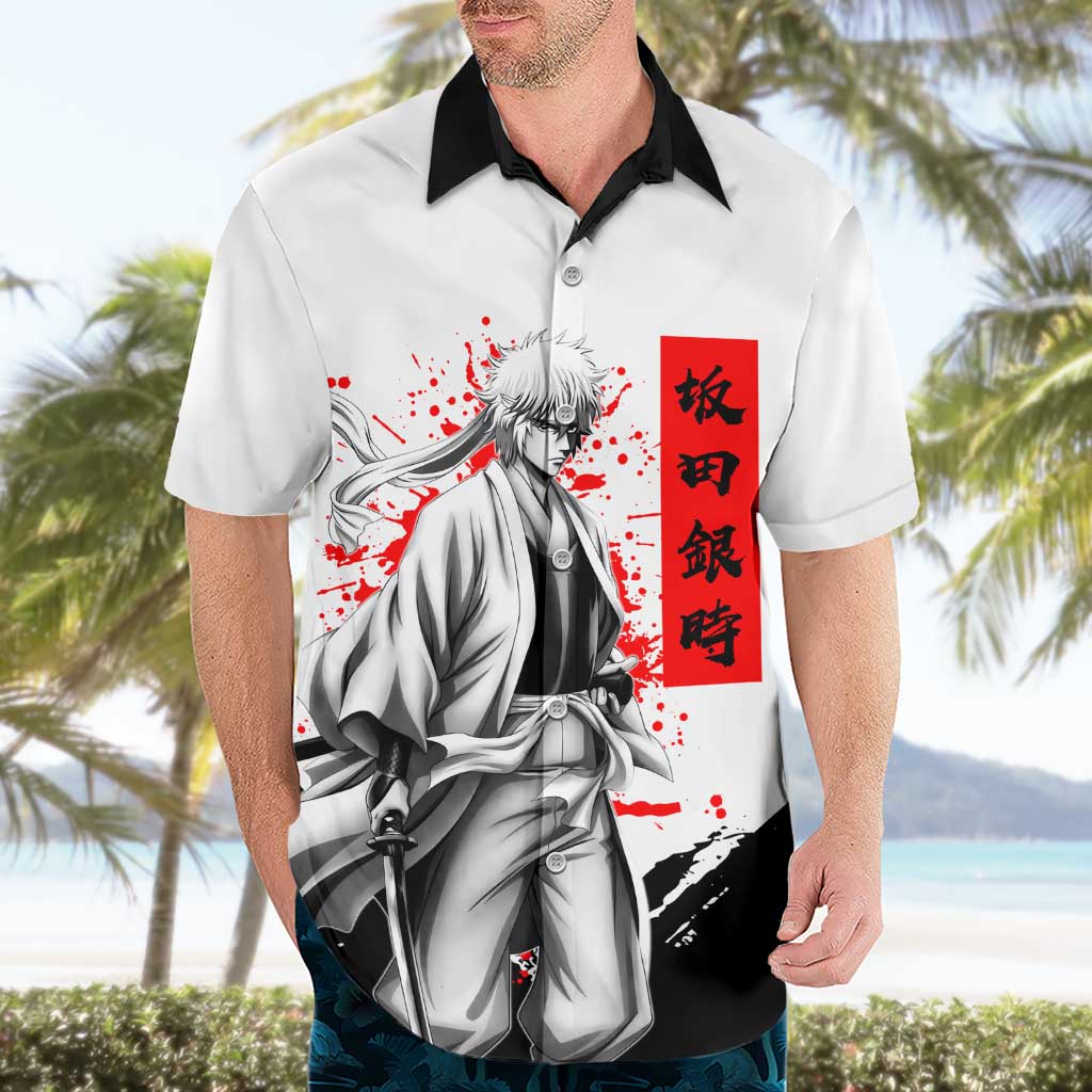 Gintoki Sakata Gintama Samurai Design Hawaiian Shirt with Katana, Red Kanji Calligraphy and Oni Mask Graphic - The Mazicc