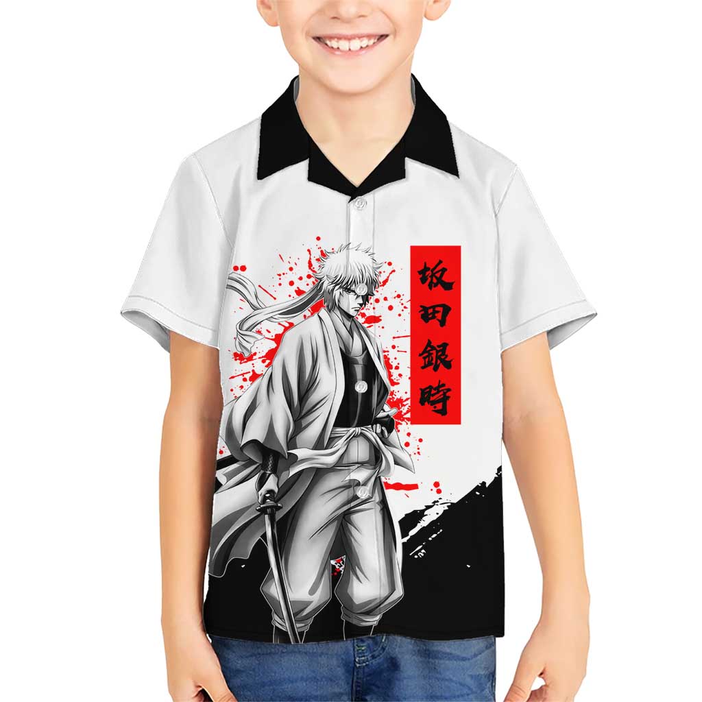 Gintoki Sakata Gintama Samurai Design Hawaiian Shirt with Katana, Red Kanji Calligraphy and Oni Mask Graphic - The Mazicc