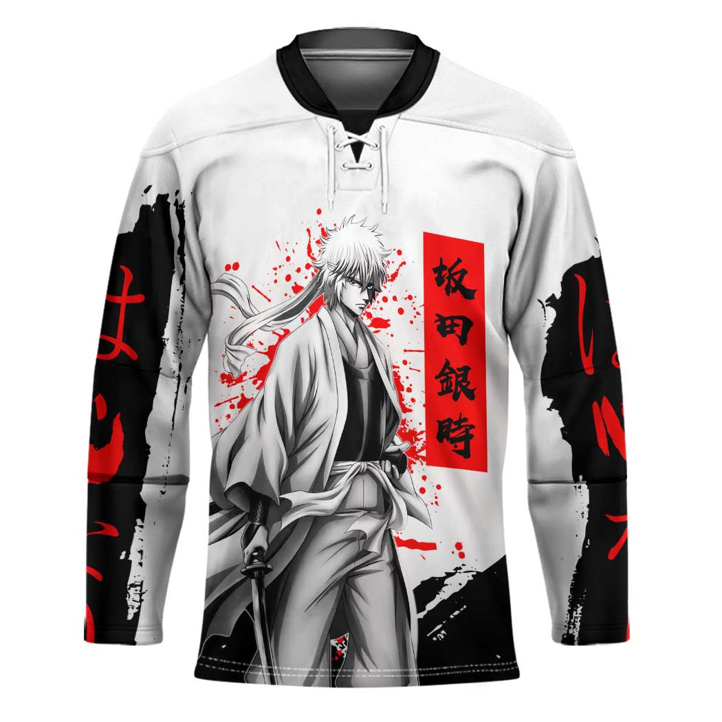 Gintoki Sakata Gintama Samurai Design Hockey Jersey with Katana, Red Kanji Calligraphy and Oni Mask Graphic - The Mazicc