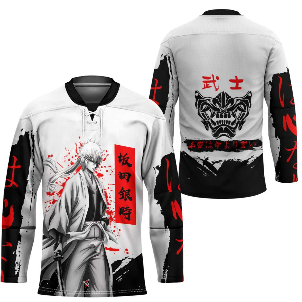 Gintoki Sakata Gintama Samurai Design Hockey Jersey with Katana, Red Kanji Calligraphy and Oni Mask Graphic - The Mazicc