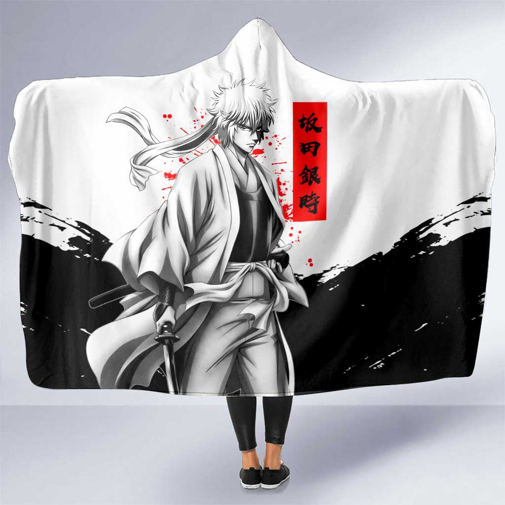 Gintoki Sakata Gintama Samurai Design Hooded Blanket with Katana, Red Kanji Calligraphy and Oni Mask Graphic - The Mazicc