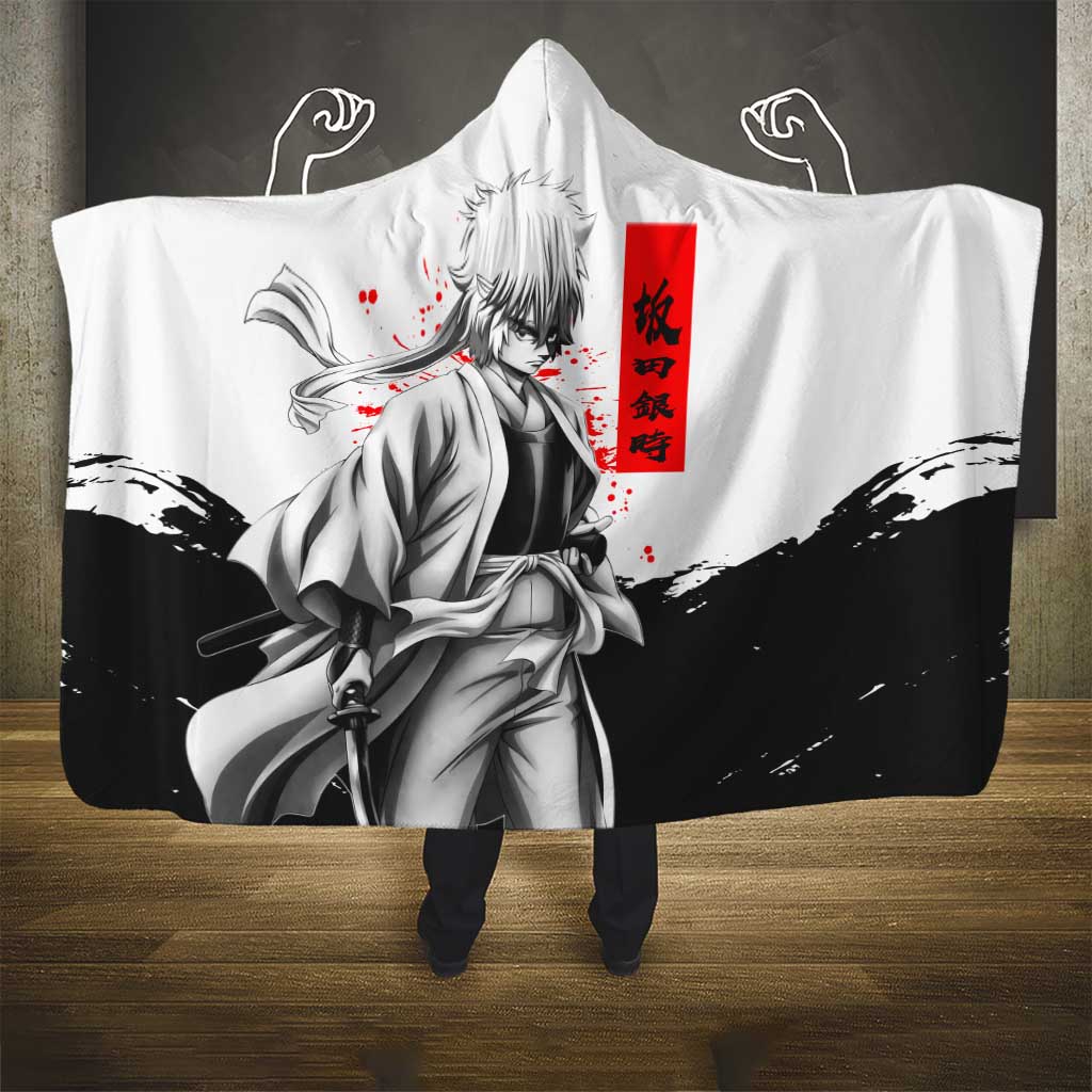 Gintoki Sakata Gintama Samurai Design Hooded Blanket with Katana, Red Kanji Calligraphy and Oni Mask Graphic - The Mazicc