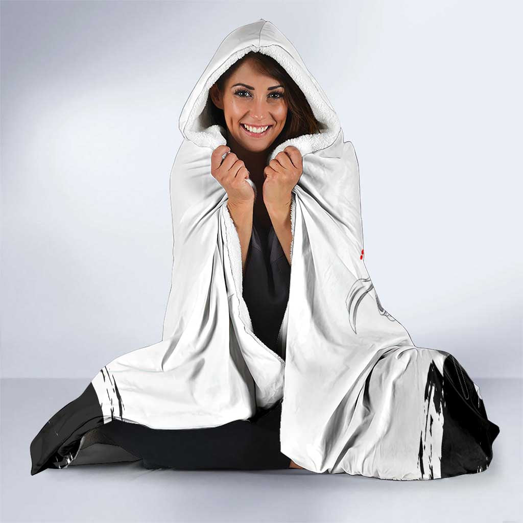 Gintoki Sakata Gintama Samurai Design Hooded Blanket with Katana, Red Kanji Calligraphy and Oni Mask Graphic - The Mazicc