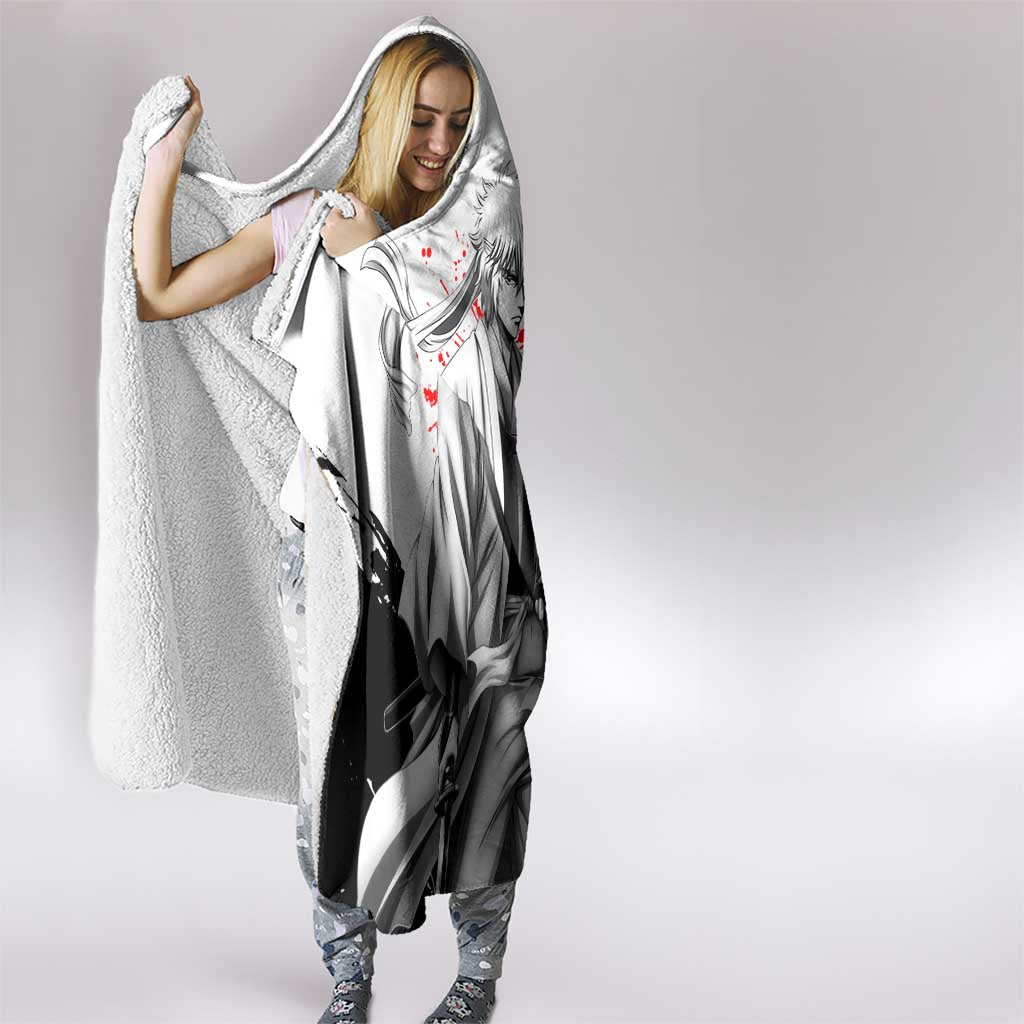 Gintoki Sakata Gintama Samurai Design Hooded Blanket with Katana, Red Kanji Calligraphy and Oni Mask Graphic - The Mazicc