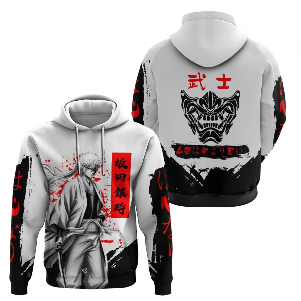 Gintoki Sakata Gintama Samurai Design Hoodie with Katana, Red Kanji Calligraphy and Oni Mask Graphic - The Mazicc
