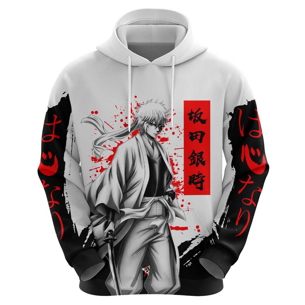 Gintoki Sakata Gintama Samurai Design Hoodie with Katana, Red Kanji Calligraphy and Oni Mask Graphic - The Mazicc