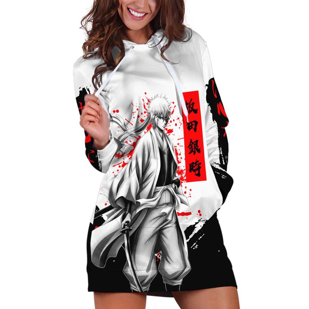 Gintoki Sakata Gintama Samurai Design Hoodie Dress with Katana, Red Kanji Calligraphy and Oni Mask Graphic - The Mazicc