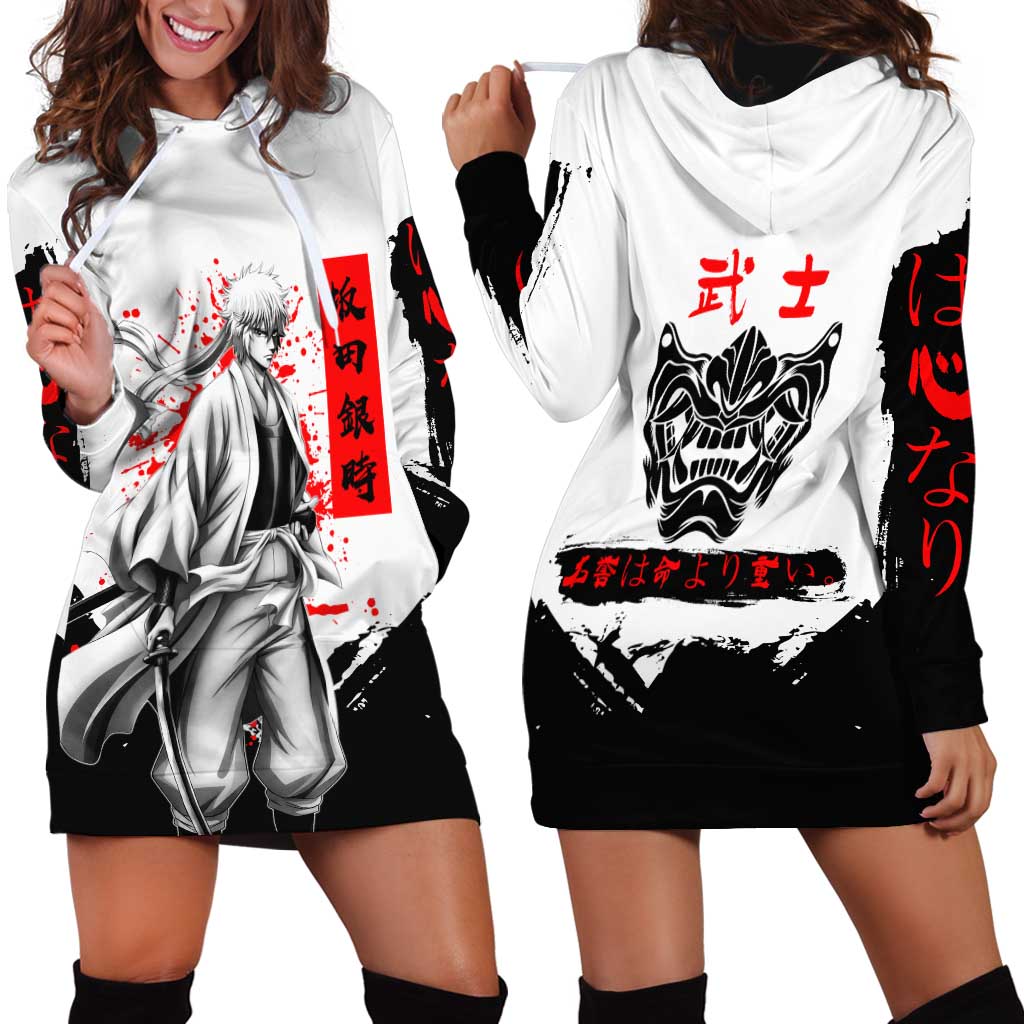 Gintoki Sakata Gintama Samurai Design Hoodie Dress with Katana, Red Kanji Calligraphy and Oni Mask Graphic - The Mazicc
