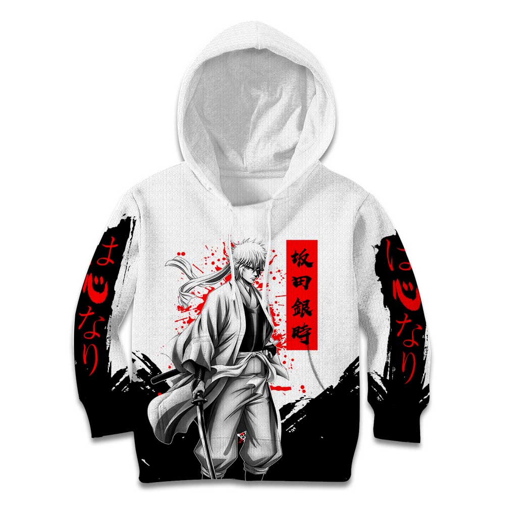 Gintoki Sakata Gintama Samurai Design Kid Hoodie with Katana, Red Kanji Calligraphy and Oni Mask Graphic - The Mazicc