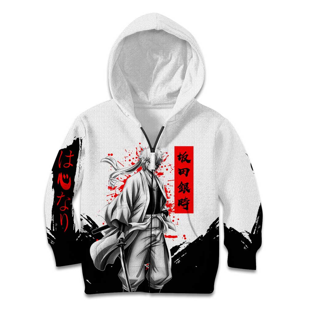 Gintoki Sakata Gintama Samurai Design Kid Hoodie with Katana, Red Kanji Calligraphy and Oni Mask Graphic - The Mazicc