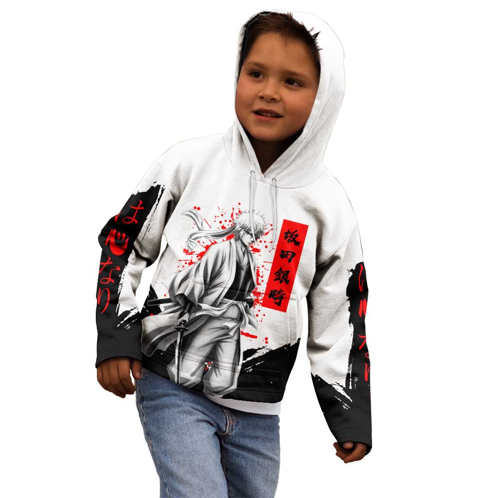 Gintoki Sakata Gintama Samurai Design Kid Hoodie with Katana, Red Kanji Calligraphy and Oni Mask Graphic - The Mazicc