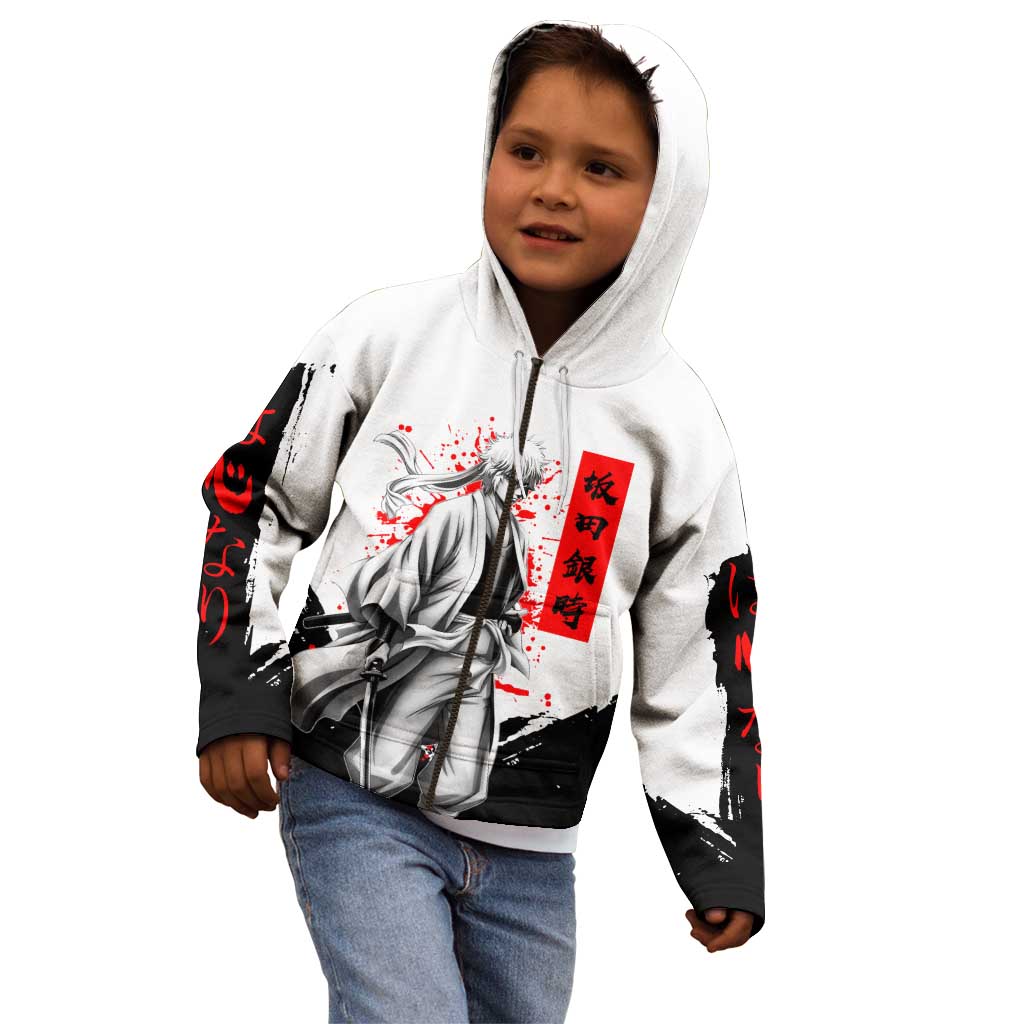 Gintoki Sakata Gintama Samurai Design Kid Hoodie with Katana, Red Kanji Calligraphy and Oni Mask Graphic - The Mazicc