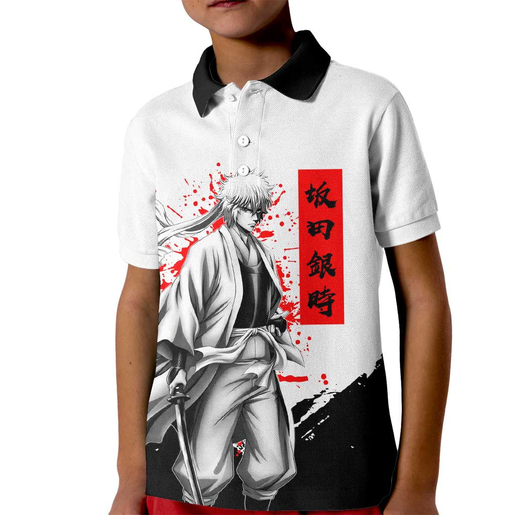 Gintoki Sakata Gintama Samurai Design Kid Polo Shirt with Katana, Red Kanji Calligraphy and Oni Mask Graphic - The Mazicc