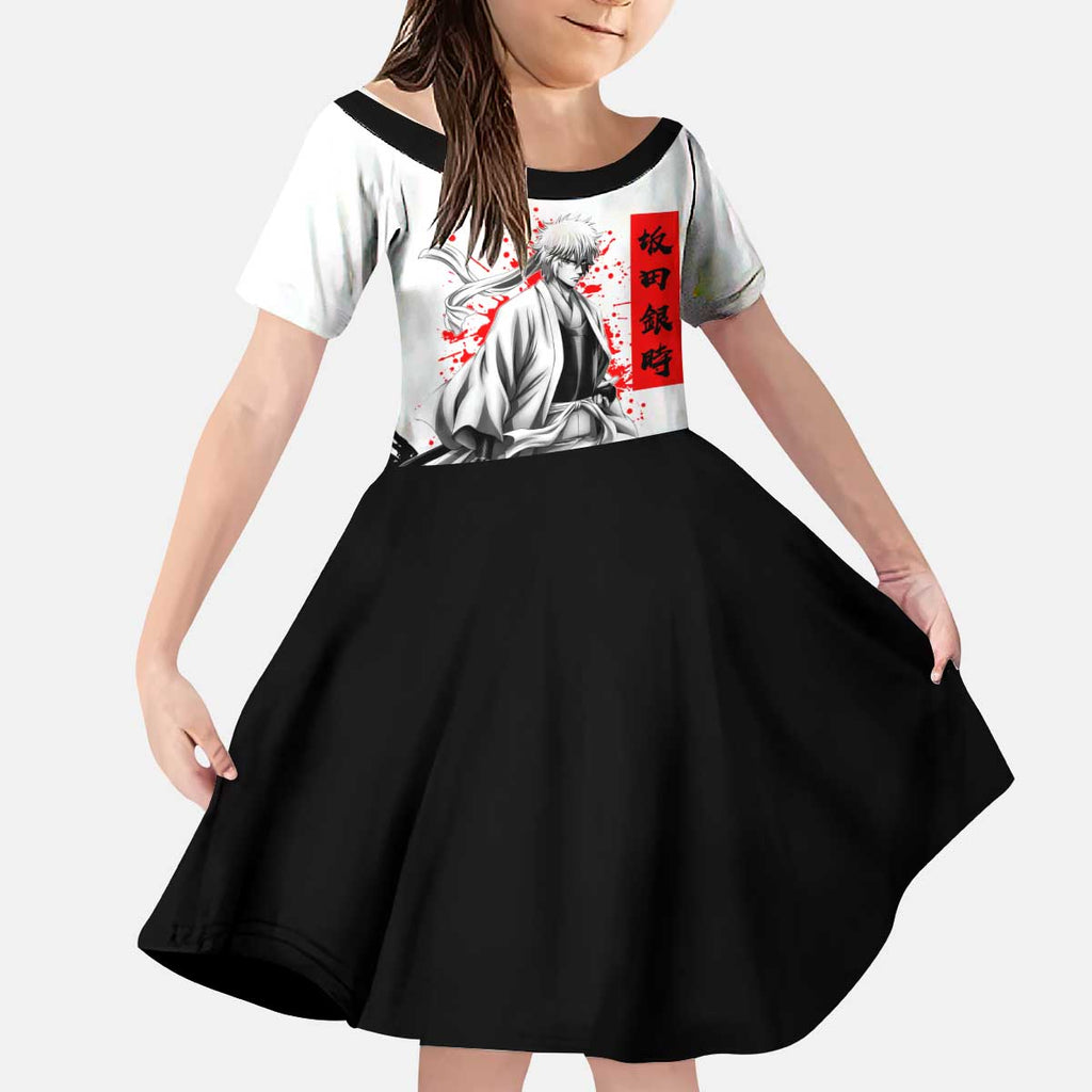 Gintoki Sakata Gintama Samurai Design Kid Short Sleeve Dress with Katana, Red Kanji Calligraphy and Oni Mask Graphic - The Mazicc