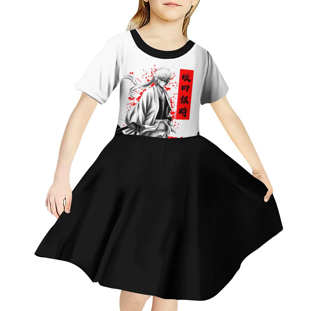 Gintoki Sakata Gintama Samurai Design Kid Short Sleeve Dress with Katana, Red Kanji Calligraphy and Oni Mask Graphic - The Mazicc