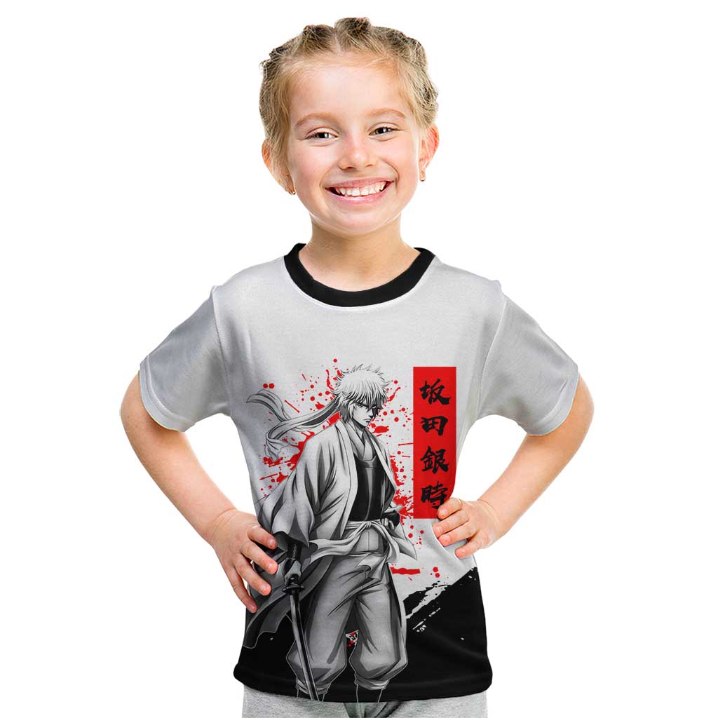 Gintoki Sakata Gintama Samurai Design Kid T Shirt with Katana, Red Kanji Calligraphy and Oni Mask Graphic - The Mazicc