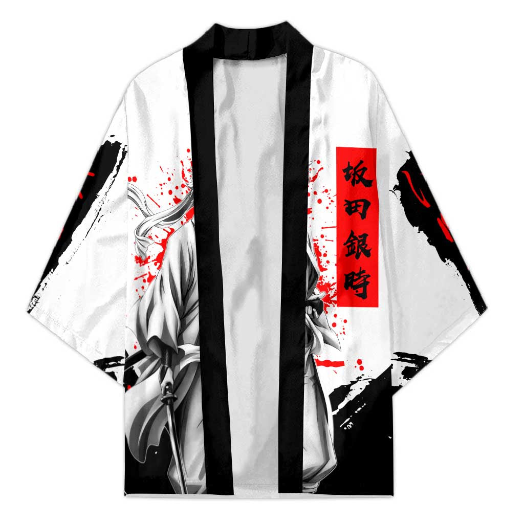 Gintoki Sakata Gintama Samurai Design Kimono with Katana, Red Kanji Calligraphy and Oni Mask Graphic - The Mazicc