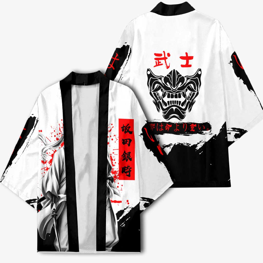 Gintoki Sakata Gintama Samurai Design Kimono with Katana, Red Kanji Calligraphy and Oni Mask Graphic - The Mazicc
