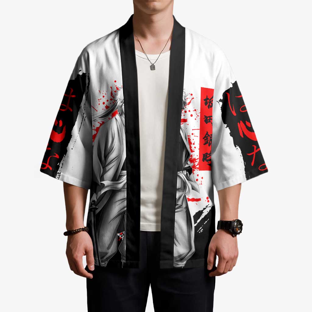 Gintoki Sakata Gintama Samurai Design Kimono with Katana, Red Kanji Calligraphy and Oni Mask Graphic - The Mazicc