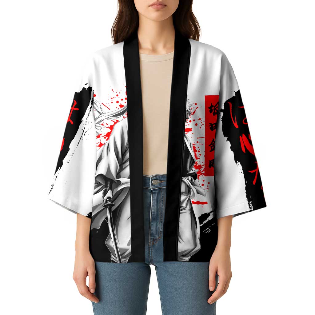 Gintoki Sakata Gintama Samurai Design Kimono with Katana, Red Kanji Calligraphy and Oni Mask Graphic - The Mazicc