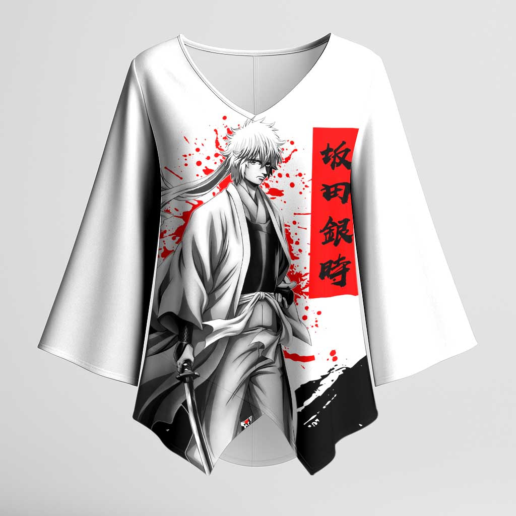 Gintoki Sakata Gintama Samurai Design Kimono Sleeve Blouse with Katana, Red Kanji Calligraphy and Oni Mask Graphic - The Mazicc